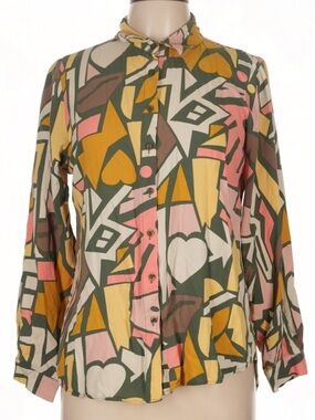 Big Dart Geometric Heart Print Button-Up Blouse — Pink, Mustard & Olive